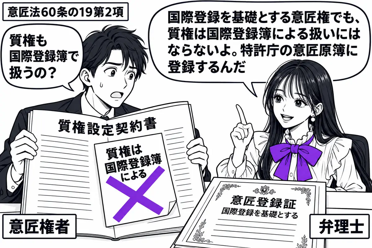 先生が机の右で弁理士役(札「弁理士」)。左の権利者(札「意匠権者」)が「質権設定契約書」を広げる。机には国際登録を基礎とする「意匠登録証」。契約書の「質権は国際登録簿による」の付箋にヴァイオレットの×印。先生の吹き出し「国際登録を基礎とする