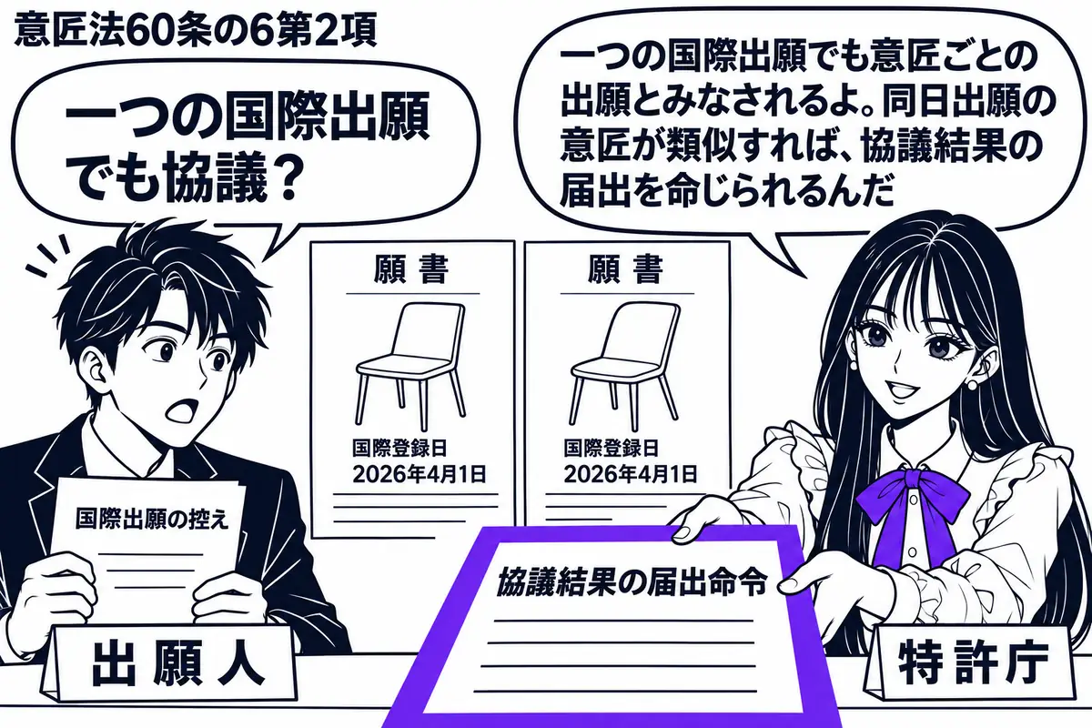 先生が右の窓口にいる特許庁役(札「特許庁」)。左に国際出願の控えを持つ男性(札「出願人」)。中央に似た二つの意匠図面を別々の願書に載せ、同じ国際登録日を添える。先生が差し出す「協議結果の届出命令」の書類をヴァイオレットの枠で囲む。先生の吹き