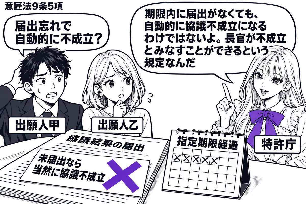 先生が右の窓口にいる特許庁役（札「特許庁」）。左に困り顔の男性（札「出願人甲」）、隣に女性（札「出願人乙」）。机に協議結果の届出用紙を残し、指定期限を過ぎた暦を置く。用紙に貼った「未届出なら当然に協議不成立」の付箋にヴァイオレットの×印。先