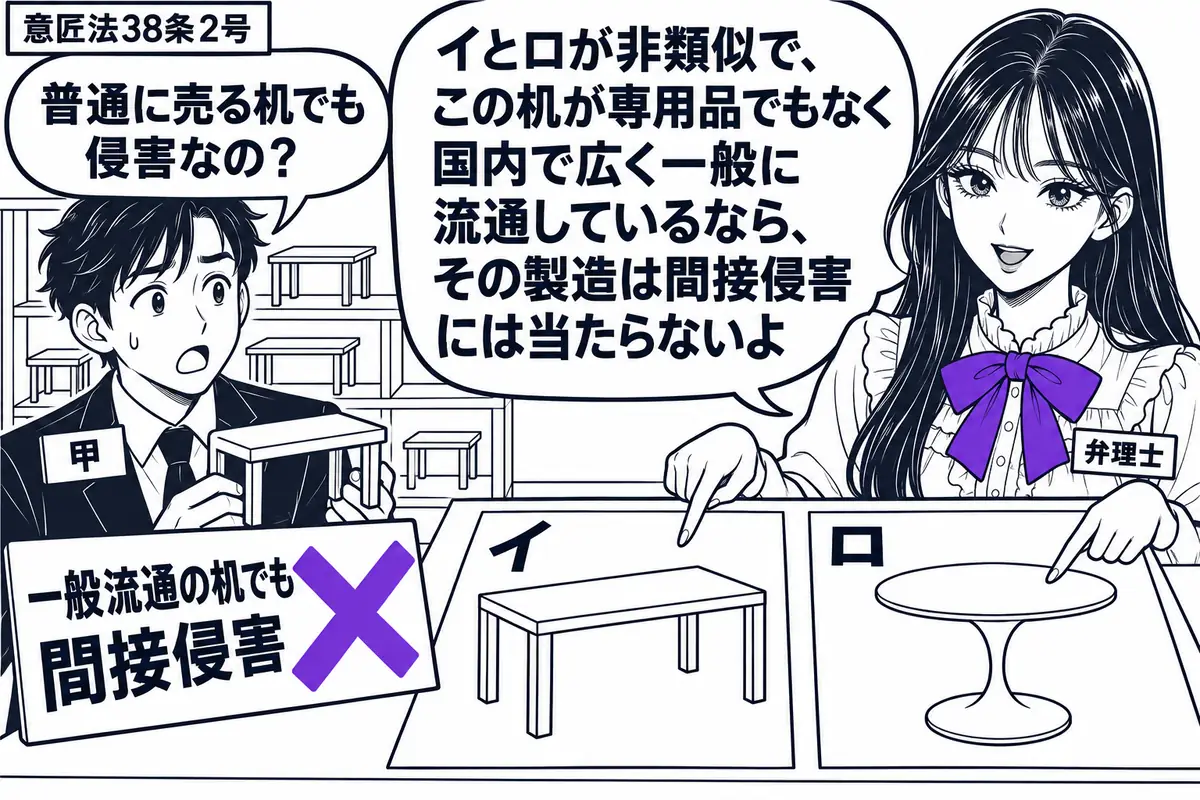 先生が右側の相談机に立つ弁理士役(札「弁理士」)。左に机の模型を持つ男性(札「甲」)。背後の棚に同じ机を並べ、机上では非類似のイとロの図面を見比べる。模型に添えた「一般流通の机でも間接侵害」の付箋に大きなヴァイオレットの×印。先生の吹き出し
