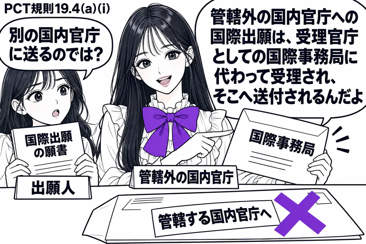 先生が国内官庁役（札「管轄外の国内官庁」）で中央。左に国際出願の願書を持つ人物（札「出願人」）。机に送付用封筒を置き、「管轄する国内官庁へ」の付箋にヴァイオレットの×印。先生は国際事務局宛ての別の封筒を手に取る。先生の吹き出し「管轄外の国内