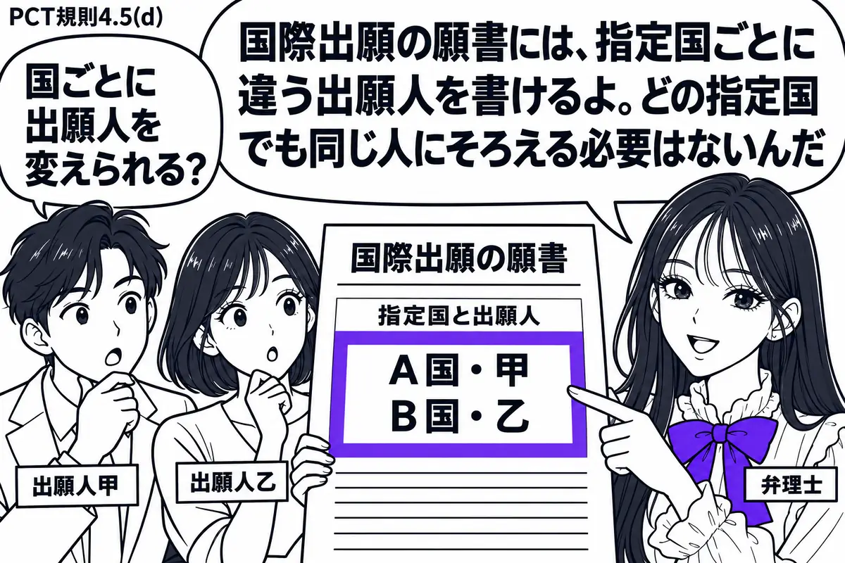 先生が弁理士役（札「弁理士」）で右側。左に願書を持つ二人（札「出願人甲」「出願人乙」）。中央に一枚の国際出願の願書を広げ、指定国と出願人の欄に「Ａ国・甲」「Ｂ国・乙」と書く。この二行をまとめてヴァイオレットの枠で囲み、先生が指し示す。先生の