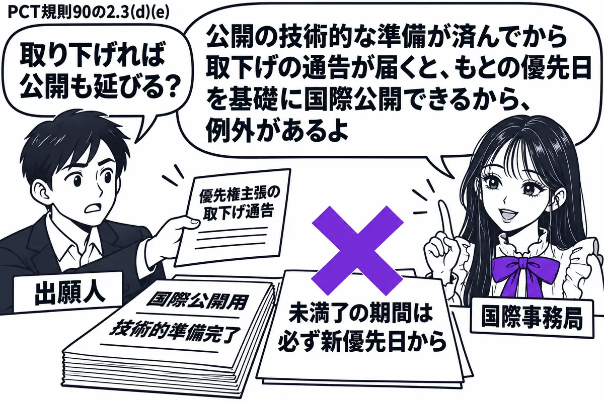 先生が国際事務局役（札「国際事務局」）で右側。左に優先権主張の取下げ通告を届ける人物（札「出願人」）。机には技術的準備を終えた国際公開用の書類。「未満了の期間は必ず新優先日から」の付箋にヴァイオレットの×印。先生の吹き出し「公開の技術的な準