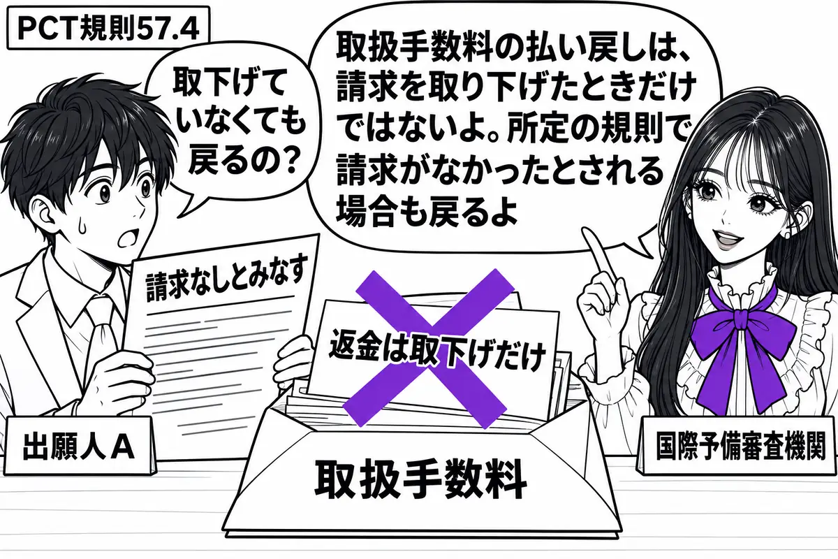 先生が右の窓口に立つ国際予備審査機関役（札「国際予備審査機関」）。左の出願人（札「出願人Ａ」）が「請求なしとみなす」の通知を持つ。机には「取扱手数料」の返金用封筒があり、その上の「返金は取下げだけ」の付箋にヴァイオレットの×印。先生の吹き出