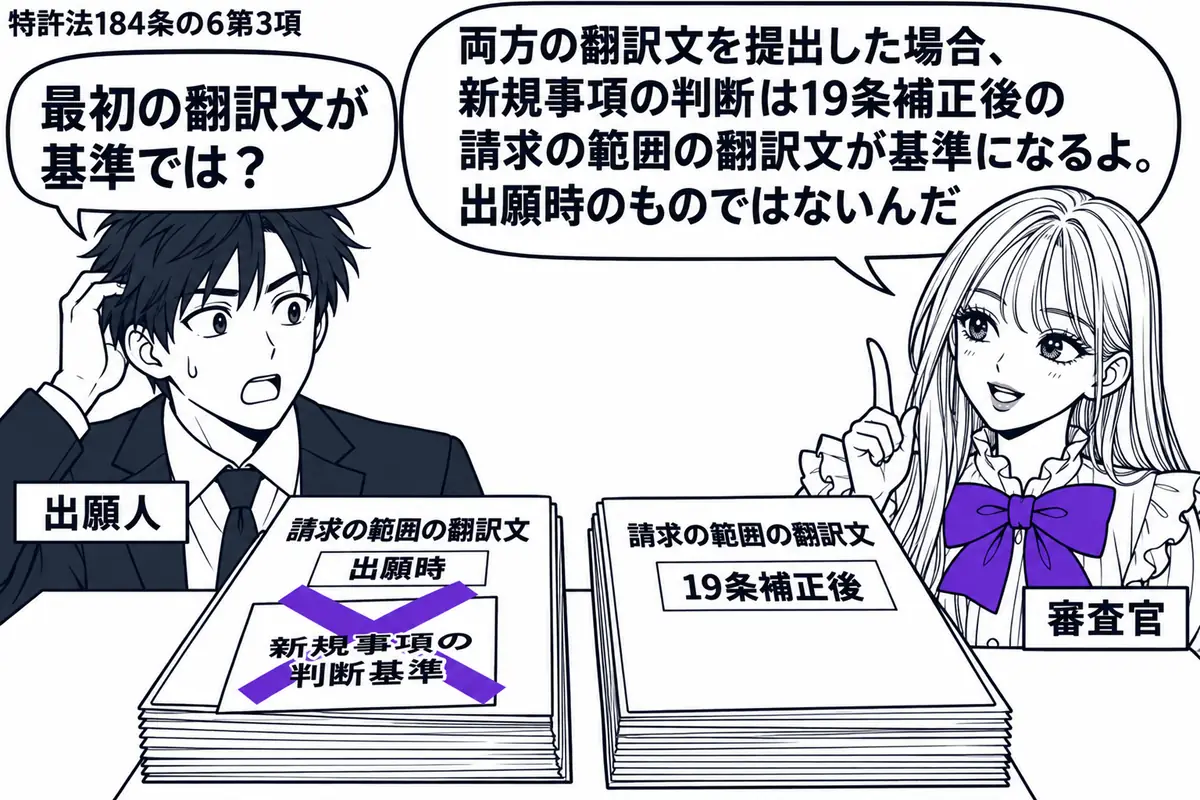 先生が審査官役(札「審査官」)で右側。左の男性(札「出願人」)が二組の請求の範囲の翻訳文を机に置く。一方は出願時、他方は19条補正後のもの。出願時の翻訳文に貼った「新規事項の判断基準」の付箋にヴァイオレットの×印。先生の吹き出し「両方の翻訳