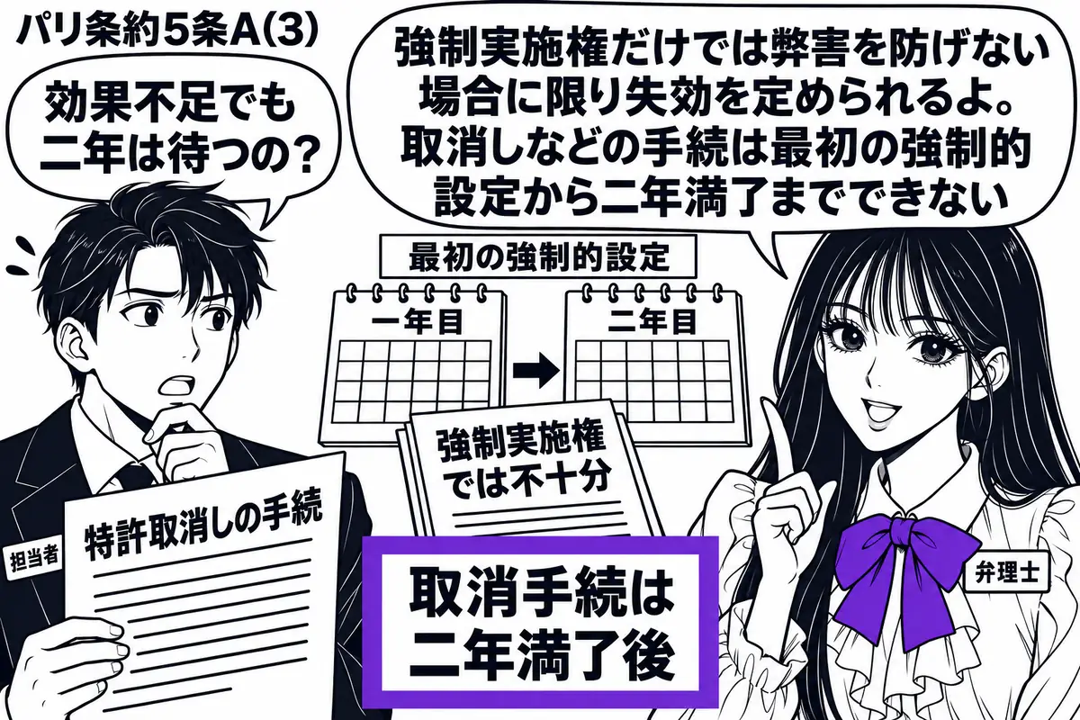 先生が弁理士役(札「弁理士」)で右側。左の男性(札「担当者」)が特許取消しの手続書類を持つ。中央に最初の強制的設定日から二年分の暦と「強制実施権では不十分」の資料。「取消手続は二年満了後」の付箋をヴァイオレットの枠で囲む。先生の吹き出し「強