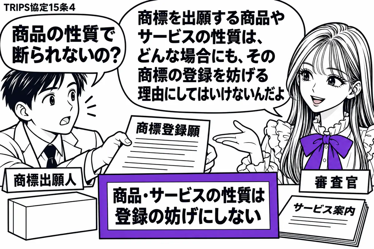 先生が右の窓口で説明する役(札「審査官」)。左の男性(札「商標出願人」)が商標登録願を差し出し、机には商品の箱とサービス案内の小冊子が並ぶ。願書に添えた札「商品・サービスの性質は登録の妨げにしない」をヴァイオレットの枠で囲む。先生の吹き出し