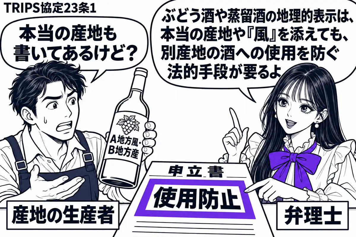 先生が右の相談机にいる弁理士役(札「弁理士」)。左の男性(札「産地の生産者」)が、別の産地で造られたぶどう酒の瓶を示す。瓶には「A地方風・B地方産」のラベル。机の申立書にある「使用防止」をヴァイオレットの枠で囲む。先生の吹き出し「ぶどう酒や
