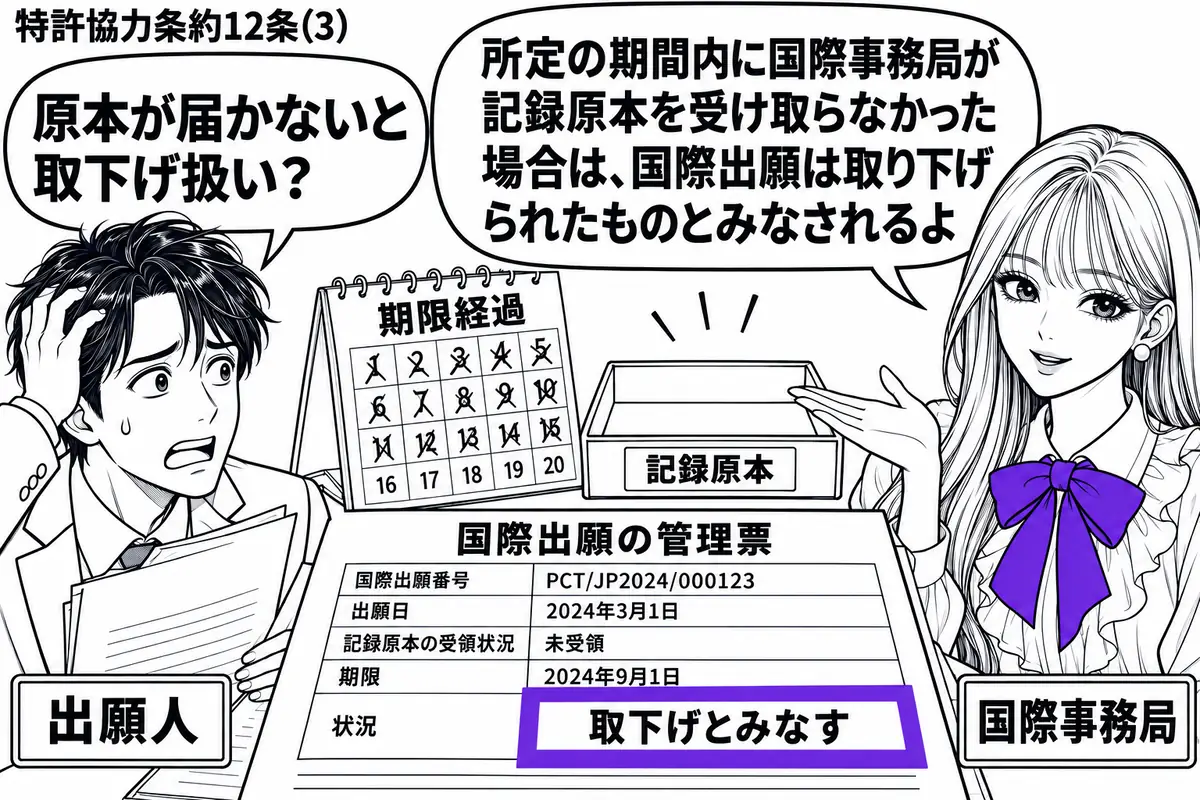 先生が国際事務局役(札「国際事務局」)で右の受付に立つ。左に不安そうな男性(札「出願人」)、中央に空の記録原本受入れトレーと期限を過ぎたカレンダー。国際出願の管理票にある「取下げとみなす」の欄をヴァイオレットの枠で囲む。先生の吹き出し「所定