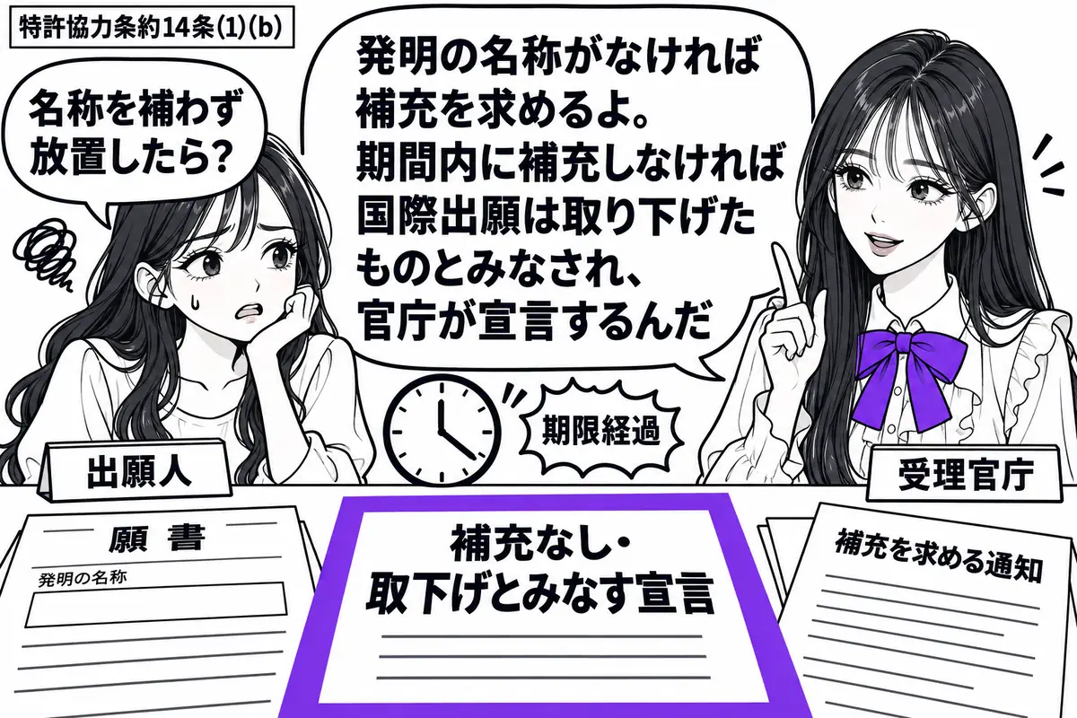 先生が右の窓口で受理官庁役(札「受理官庁」)。左に困り顔の女性(札「出願人」)。机には発明の名称欄が空の願書と補充を求める通知を置き、期限を過ぎた時計を添える。「補充なし・取下げとみなす宣言」の書類をヴァイオレットの枠で囲む。先生の吹き出し