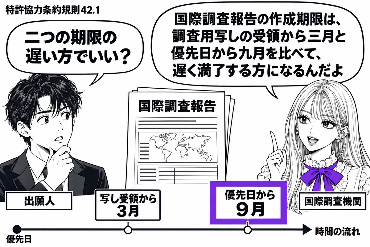 先生が国際調査機関役（札「国際調査機関」）で右側。左に男性（札「出願人」）、中央に国際調査報告と横長の予定表。「写し受領から３月」「優先日から９月」の二つの期限札を異なる位置に置き、遅い方の札だけをヴァイオレットの枠で囲む。先生の吹き出し「