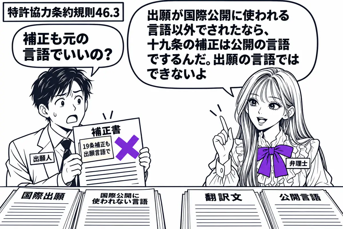 先生が右で弁理士役（札「弁理士」）。左に補正書を持つ男性（札「出願人」）。机には国際公開に使われない言語で書かれた国際出願と、公開言語による翻訳文を並べる。補正書の「19条補正も出願言語で」の付箋にヴァイオレットの×印。先生の吹き出し「出願