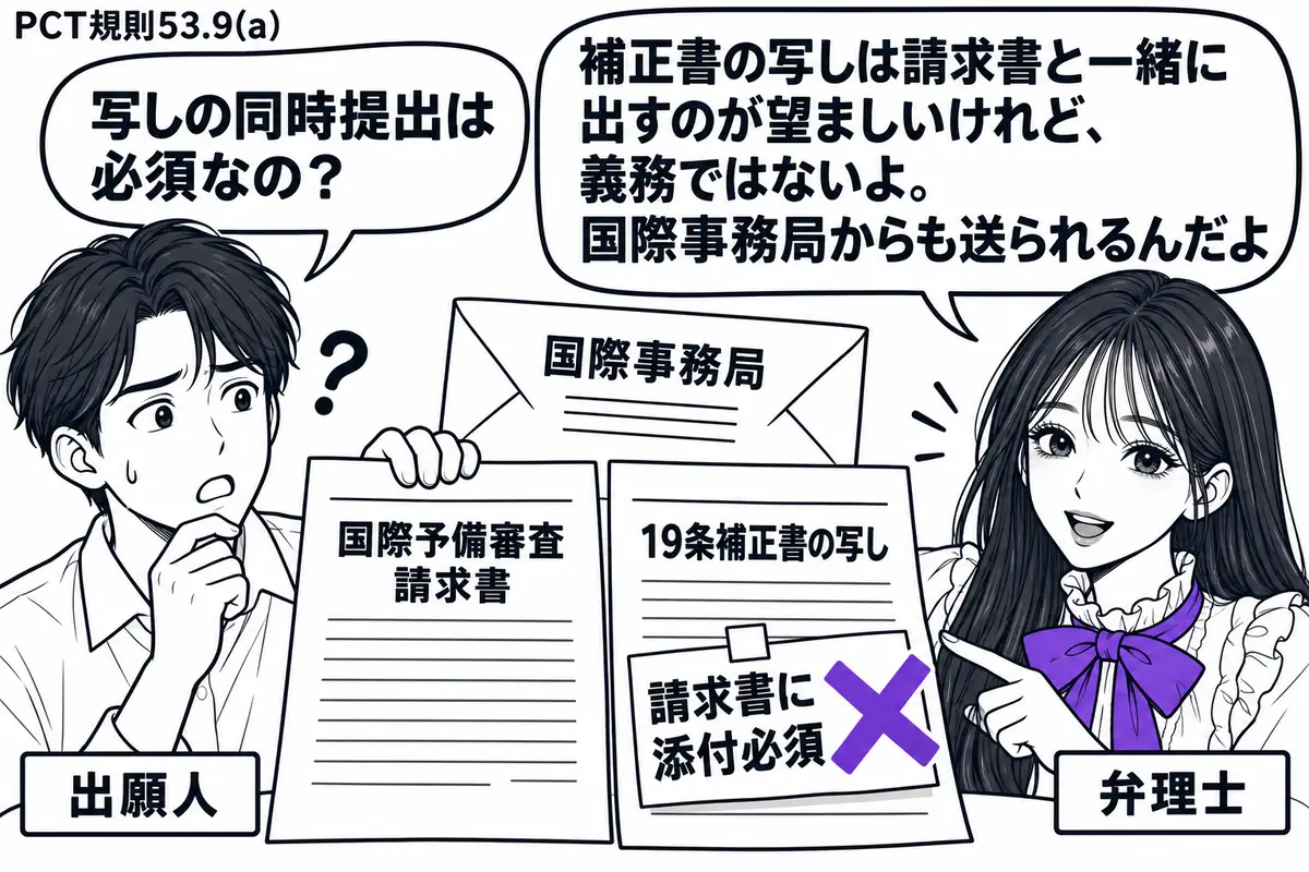 先生が右の弁理士役（札「弁理士」）。左の出願人（札「出願人」）が国際予備審査請求書と19条補正書の写しを並べる。写しの付箋「請求書に添付必須」にヴァイオレットの×印。奥には国際事務局からの送付用封筒を置く。先生の吹き出し「補正書の写しは請求