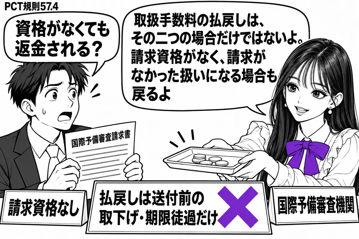 先生が右の窓口役（札「国際予備審査機関」）。左の出願人（札「請求資格なし」）が国際予備審査請求書を持ち、先生は取扱手数料の返金用トレーを差し出す。机の案内書「払戻しは送付前の取下げ・期限徒過だけ」にヴァイオレットの×印。先生の吹き出し「取扱