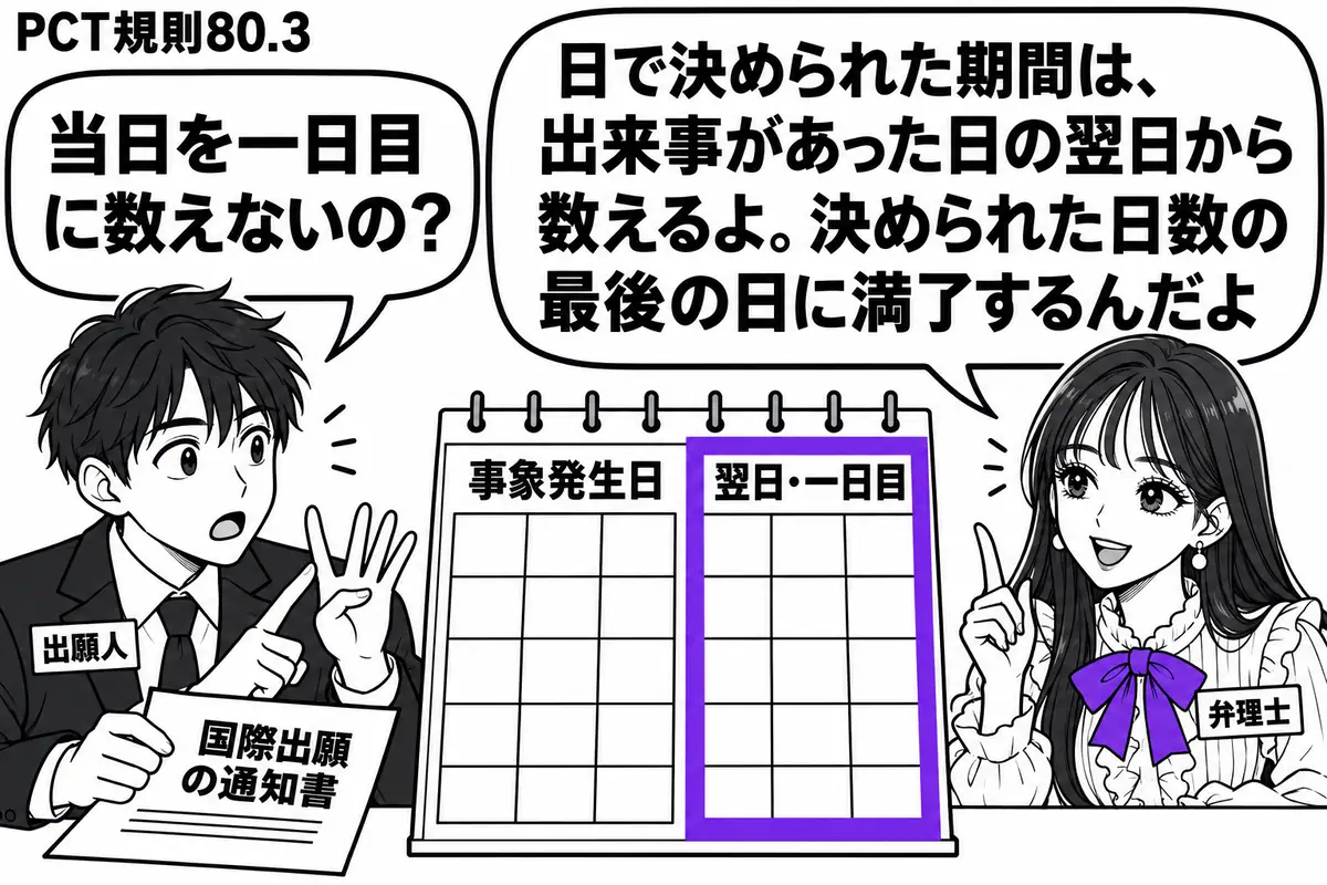 先生が右の弁理士役（札「弁理士」）。左の出願人（札「出願人」）が国際出願の通知書を机に置き、日数を指で数えている。中央の暦に「事象発生日」「翌日・一日目」を並べ、翌日の欄だけをヴァイオレットの枠で囲む。先生の吹き出し「日で決められた期間は、