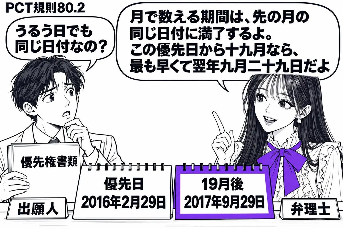 先生が右の弁理士役（札「弁理士」）。左の出願人（札「出願人」）が優先権書類を持つ。机に「優先日2016年2月29日」と「19月後2017年9月29日」の暦を並べ、後者の日付をヴァイオレットの枠で囲む。先生の吹き出し「月で数える期間は、先の月