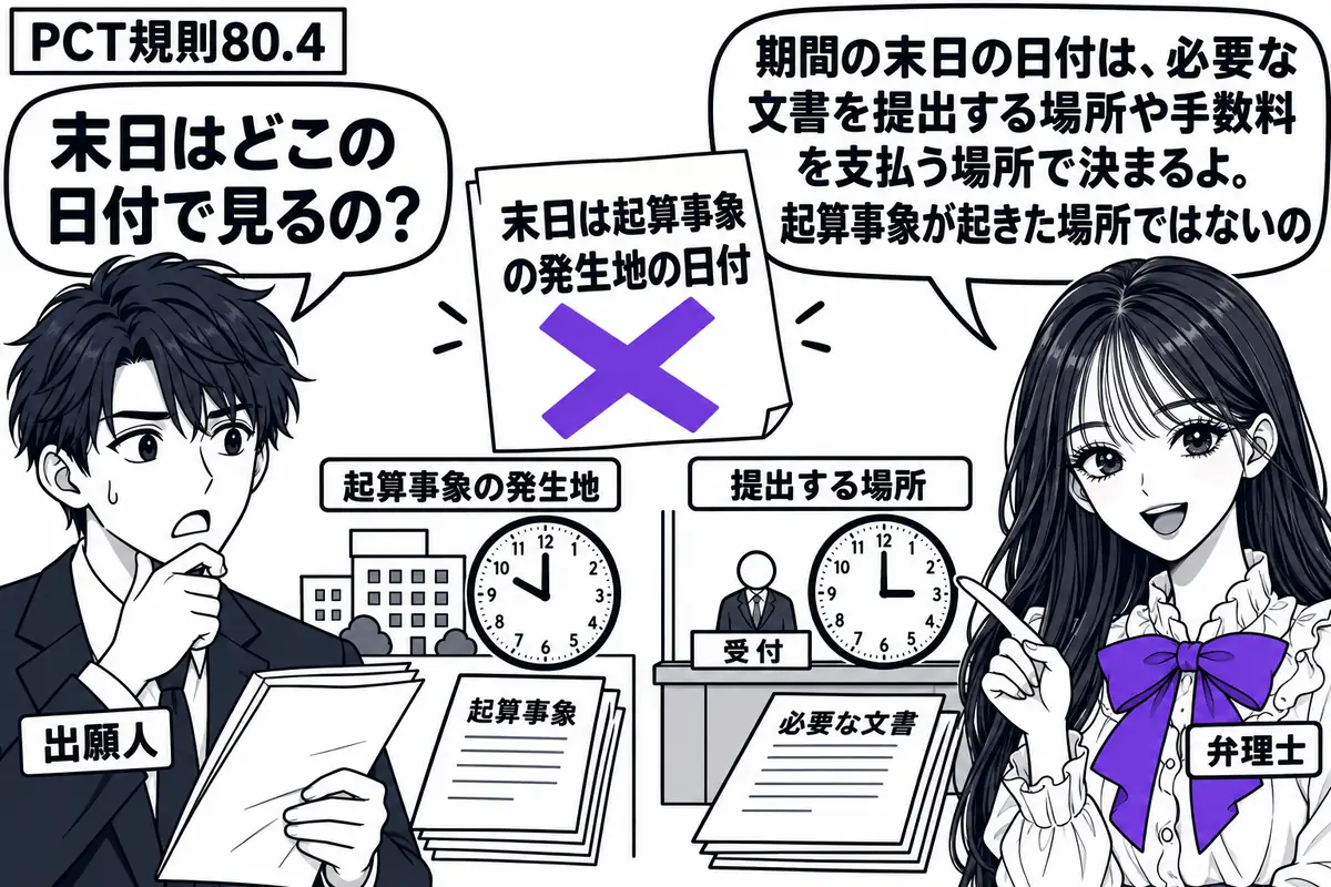 先生が弁理士役（札「弁理士」）で右側。左に書類を抱える男性（札「出願人」）。中央に離れた二地点の時計と提出書類を置き、「末日は起算事象の発生地の日付」の付箋にヴァイオレットの×印。先生は書類を受け取る窓口の時計を指す。先生の吹き出し「期間の
