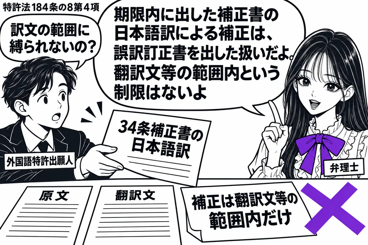 先生が右の弁理士役(札「弁理士」)。左の出願人(札「外国語特許出願人」)が34条補正書の日本語訳を差し出す。机に原文と翻訳文を並べ、日本語訳の付箋「補正は翻訳文等の範囲内だけ」にヴァイオレットの×印。先生の吹き出し「期限内に出した補正書の日