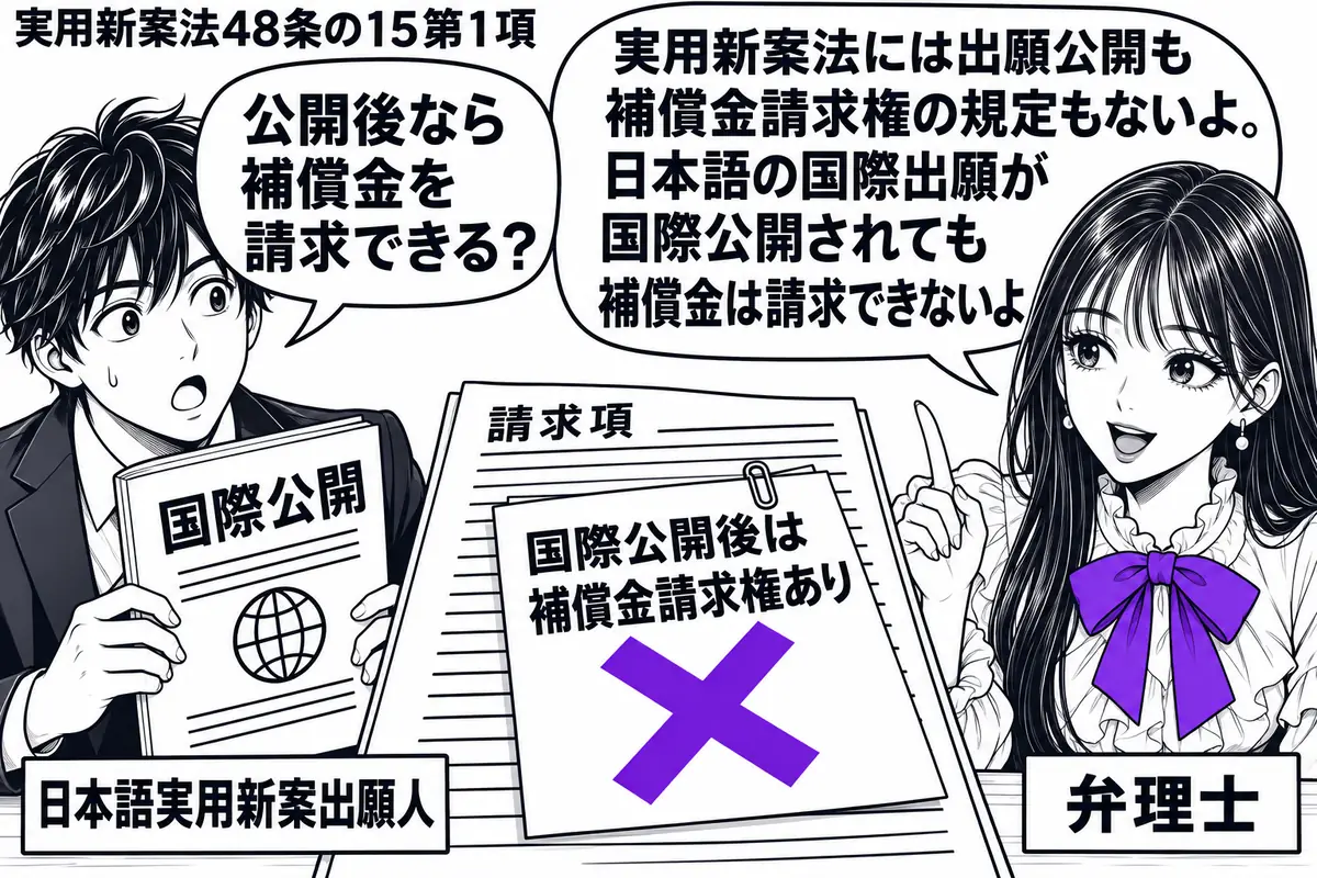先生が右の弁理士役(札「弁理士」)。左の出願人(札「日本語実用新案出願人」)が国際公開された出願の冊子を持つ。机に差し出した請求用の書類の付箋「国際公開後は補償金請求権あり」に大きなヴァイオレットの×印。先生の吹き出し「実用新案法には出願公