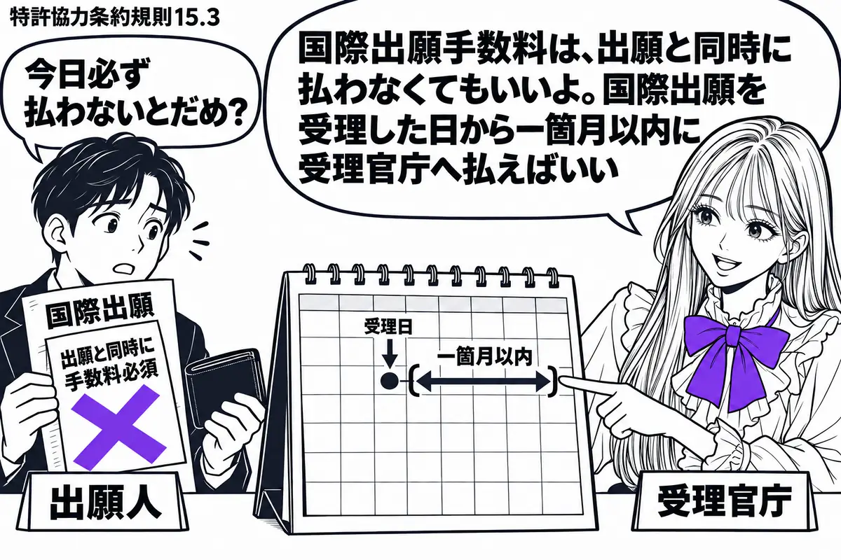 先生が右の受付に座る受理官庁役（札「受理官庁」）。左の出願人（札「出願人」）が国際出願の願書と財布を持ち、机の上のカレンダーを見ている。願書に貼った「出願と同時に手数料必須」の付箋に大きなヴァイオレットの×印。先生は受理日から一箇月の範囲を