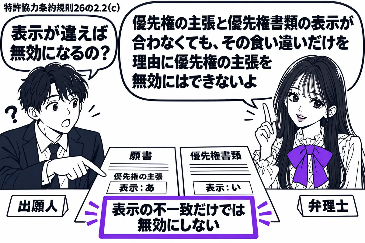 先生が机の右に座る弁理士役（札「弁理士」）。左の出願人（札「出願人」）が優先権主張を記載した願書と優先権書類を並べ、異なる表示を指さしている。二枚を留める「表示の不一致だけでは無効にしない」の付箋をヴァイオレットの枠で囲む。先生の吹き出し「
