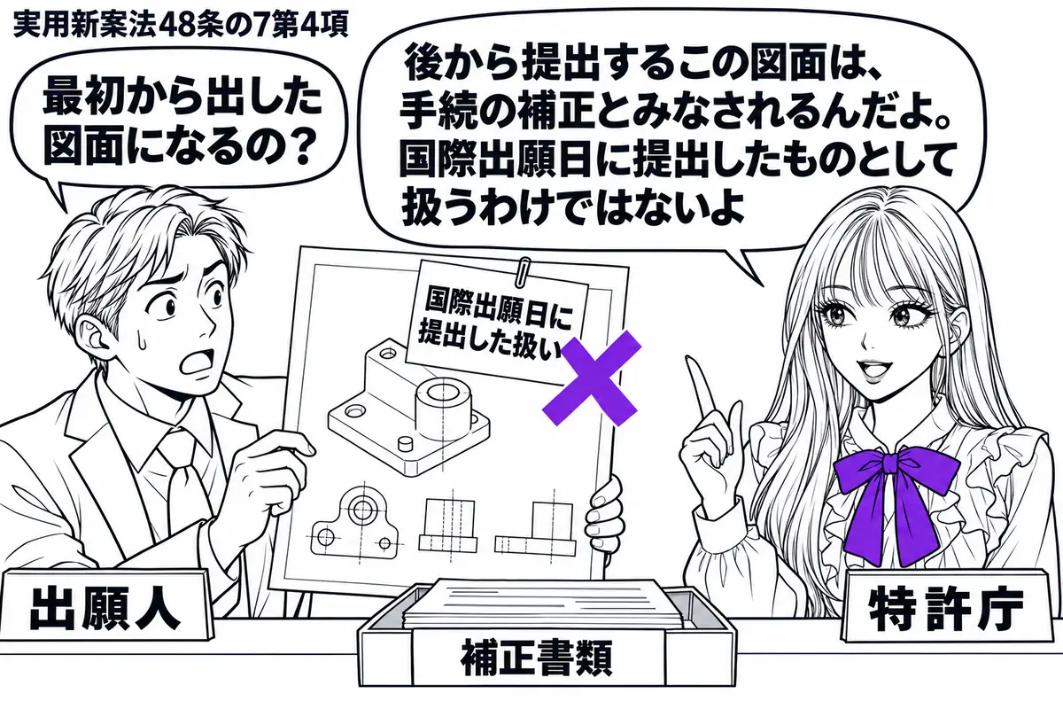 先生が右の窓口に立つ特許庁役(札「特許庁」)。左の出願人(札「出願人」)が国際実用新案登録出願に欠けていた図面を差し出す。図面に貼った「国際出願日に提出した扱い」の付箋にヴァイオレットの×印。机には図面を受け入れる補正書類のトレー。先生の吹