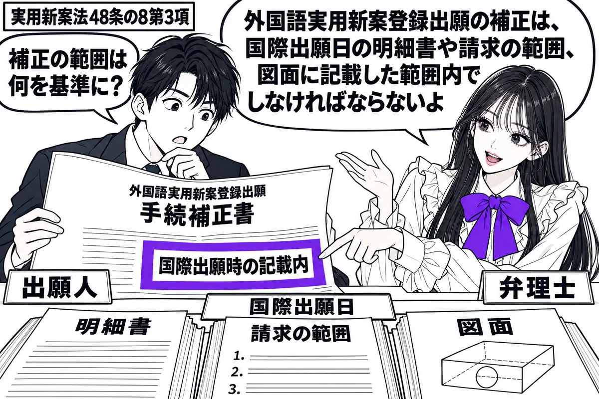 先生が机の右で弁理士役（札「弁理士」）。左の男性（札「出願人」）が外国語実用新案登録出願の手続補正書を広げる。机には国際出願日の明細書と請求の範囲、図面の束。補正書の「国際出願時の記載内」の付箋をヴァイオレットの枠で囲む。先生の吹き出し「外
