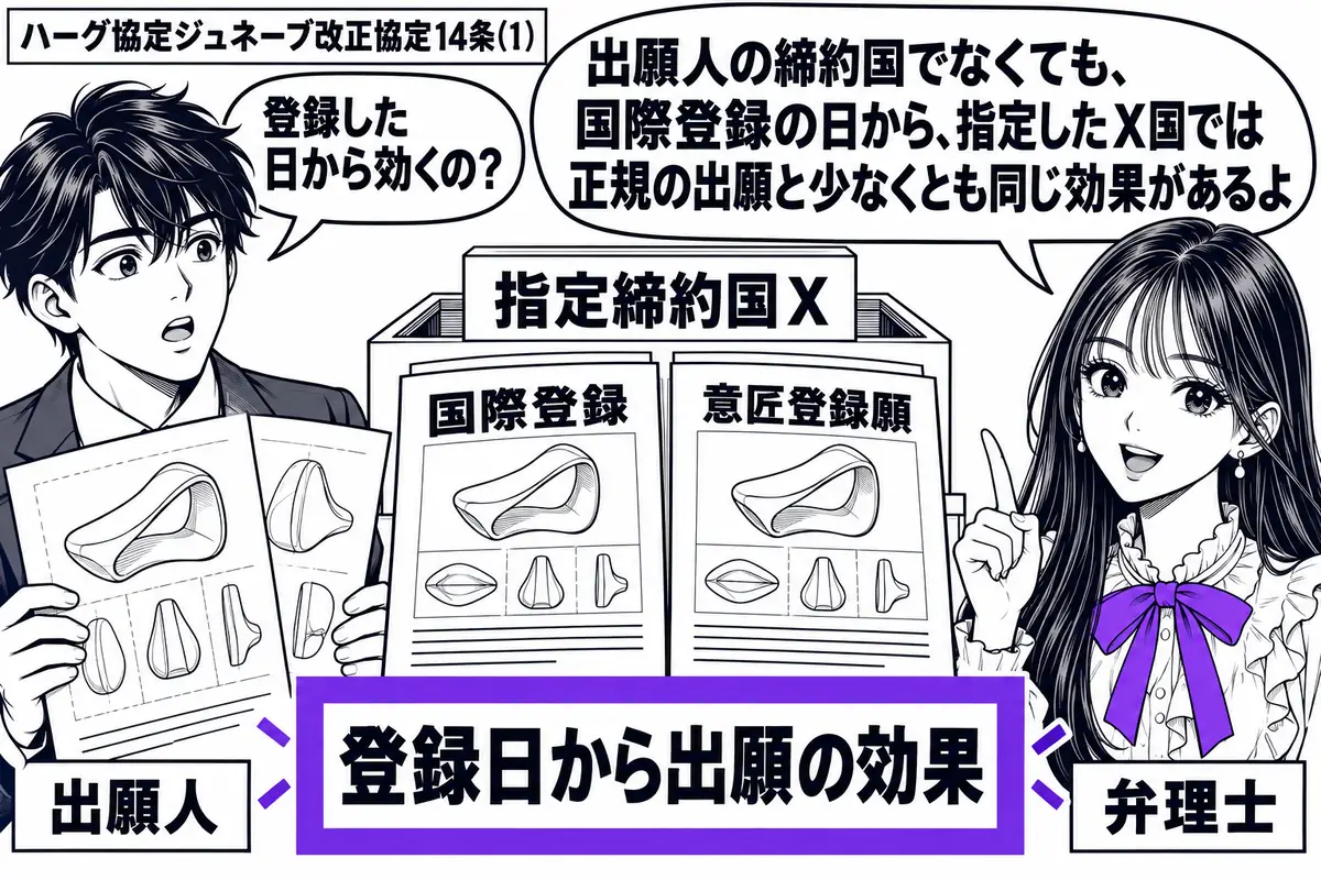 先生が弁理士役（札「弁理士」）で右側。左に意匠図面を持つ男性（札「出願人」）、中央に札「指定締約国Ｘ」の受付箱。箱の前に国際登録の書類と国内の意匠登録願を並べ、「登録日から出願の効果」の付箋をヴァイオレットの枠で囲む。先生の吹き出し「出願人