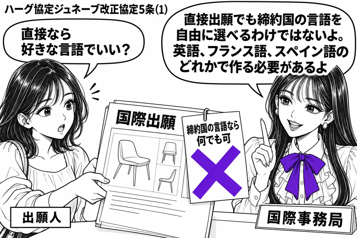 先生が右の受付で国際事務局役（札「国際事務局」）。左の女性（札「出願人」）が意匠図面を添えた国際出願の願書を差し出す。願書に貼った「締約国の言語なら何でも可」の付箋に大きなヴァイオレットの×印。先生の吹き出し「直接出願でも締約国の言語を自由