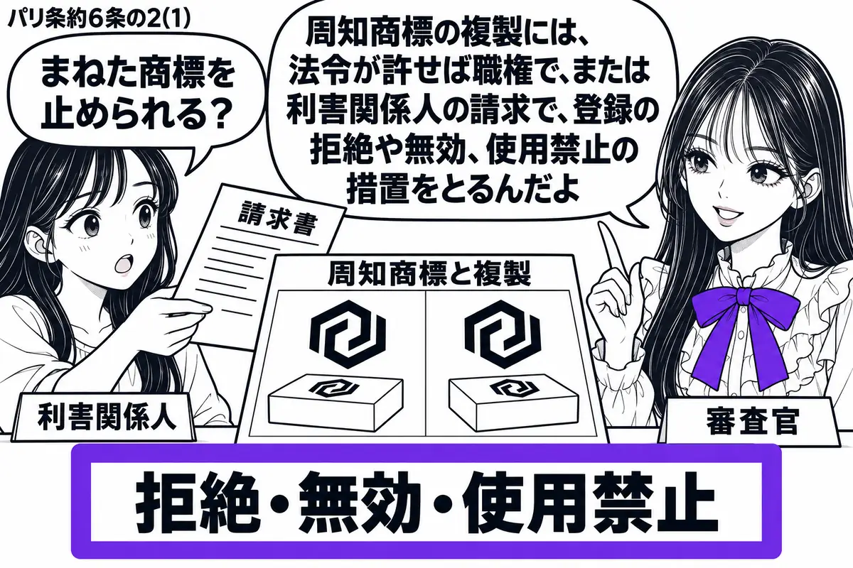 先生が審査官役(札「審査官」)で右側。左に女性(札「利害関係人」)が請求書を差し出す。机には同種の商品二個と、同じ架空の図形商標を示す資料(札「周知商標と複製」)。「拒絶・無効・使用禁止」の処理票をヴァイオレットの枠で囲む。先生の吹き出し「