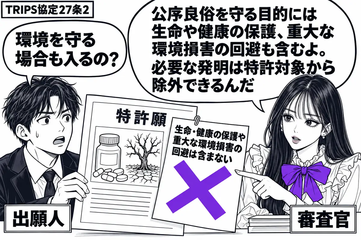 先生が右の机で審査官役(札「審査官」)。左の男性(札「出願人」)が、薬瓶と枯れた木の図を添えた特許願を広げる。願書に貼った「生命・健康の保護や重大な環境損害の回避は含まない」の付箋に大きなヴァイオレットの×印。先生は図を指して説明する。先生