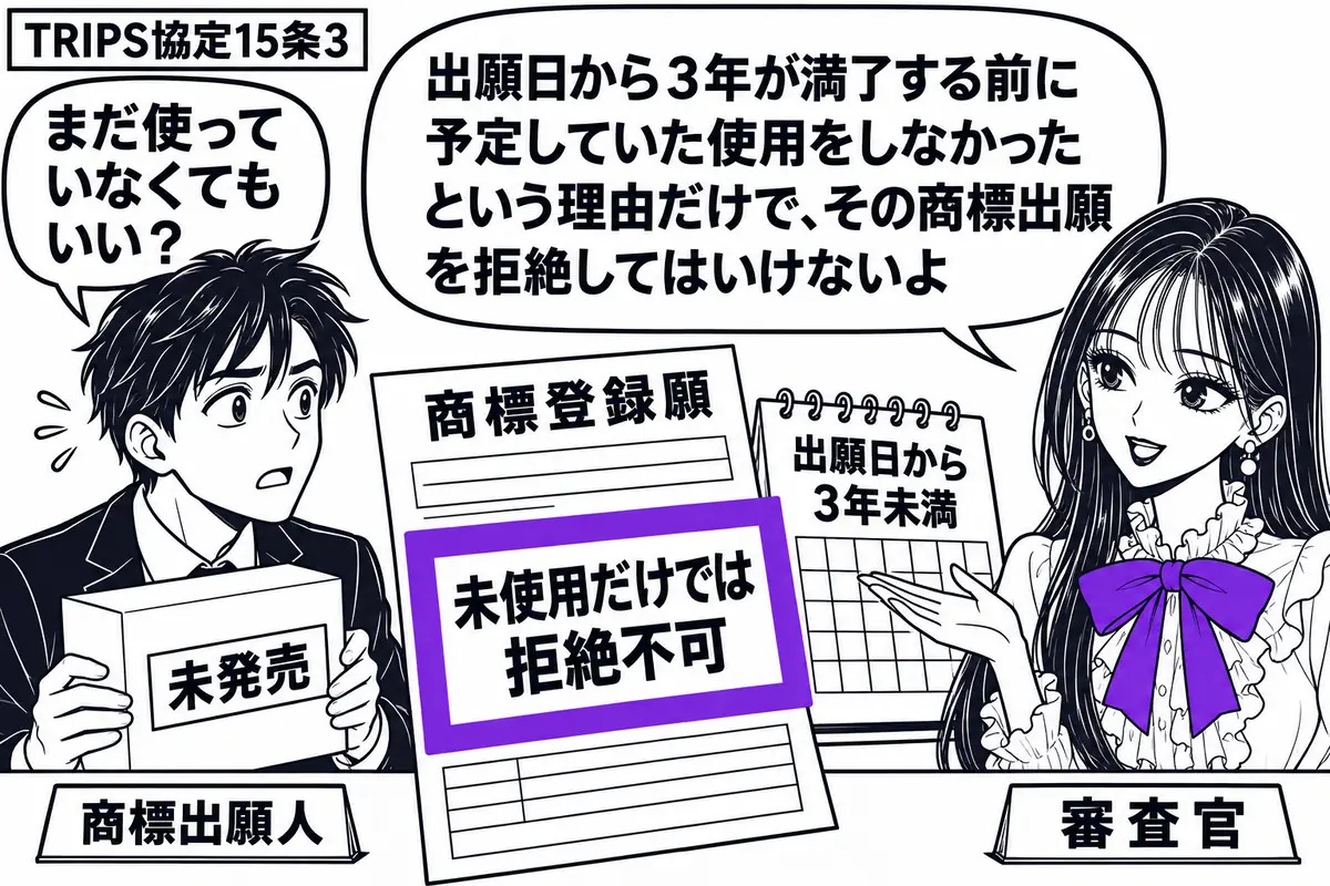 先生が右の窓口で審査官役(札「審査官」)。左に未発売の商品箱を抱えた男性(札「商標出願人」)。中央に商標登録願と出願日から3年未満のカレンダーを置き、願書の「未使用だけでは拒絶不可」の付箋をヴァイオレットの枠で囲む。先生は願書を見ながら穏や