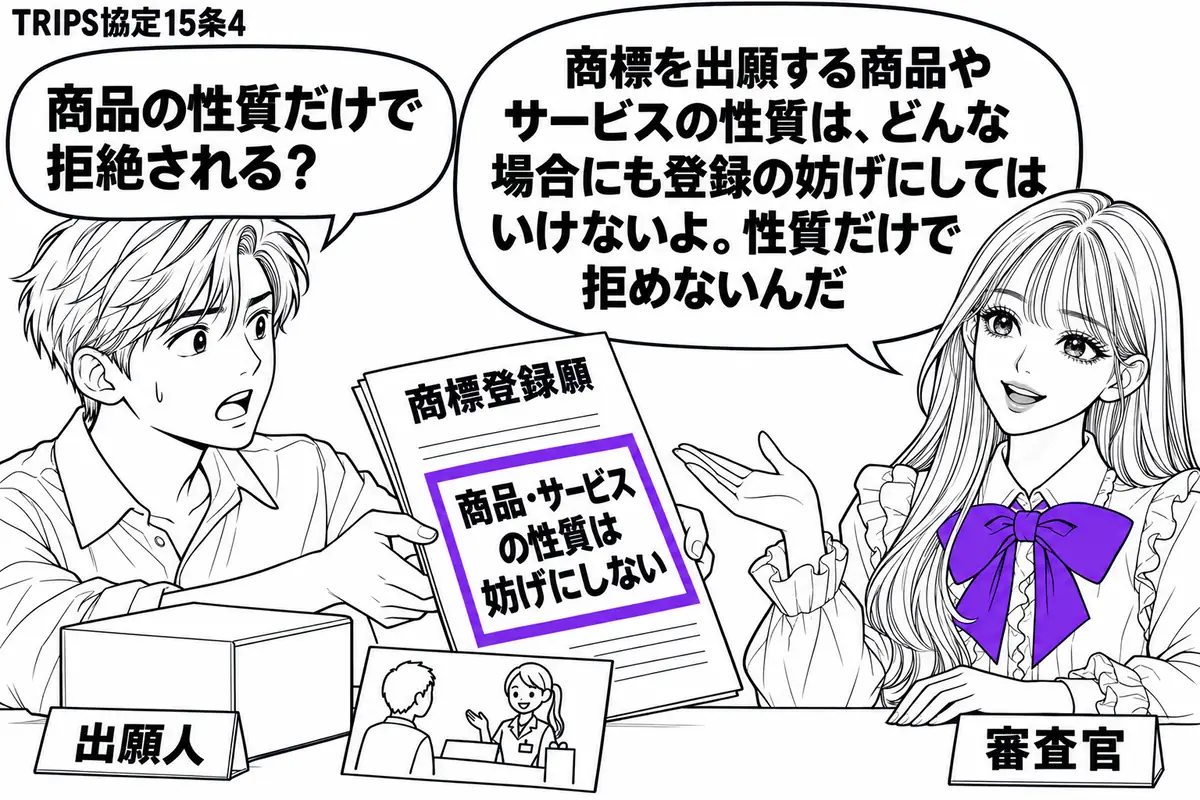 先生が右の窓口で審査官役(札「審査官」)。左の男性(札「出願人」)が商標登録願を差し出し、机に商品とサービスを表す箱と接客の絵を置く。願書の「商品・サービスの性質は妨げにしない」の付箋をヴァイオレットの枠で囲む。先生の吹き出し「商標を出願す