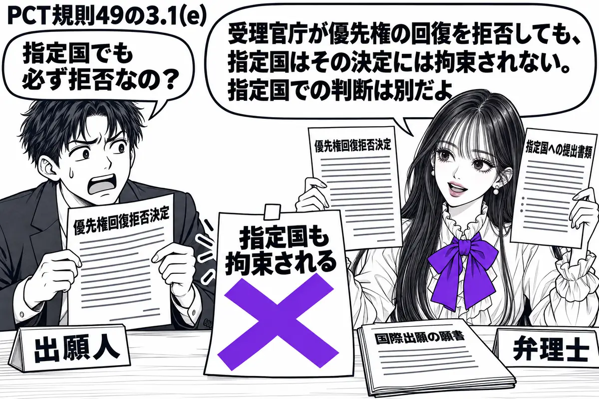 先生が右の相談机に座る弁理士役（札「弁理士」）。左の出願人（札「出願人」）が「優先権回復拒否決定」の書類を持ち、机には国際出願の願書。「指定国も拘束される」と書いた付箋に大きなヴァイオレットの×印。先生は決定書と指定国への提出書類を並べて見
