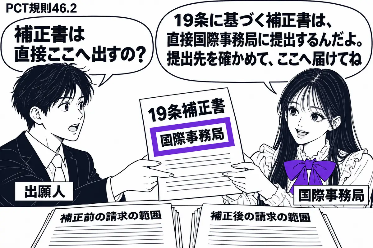 先生が右の受付にいる国際事務局役(札「国際事務局」)。左の出願人(札「出願人」)が「19条補正書」を直接差し出し、先生が両手で受け取る。中央の書類の宛先「国際事務局」をヴァイオレットの枠で囲む。机には補正前後の請求の範囲を重ねて置く。先生の