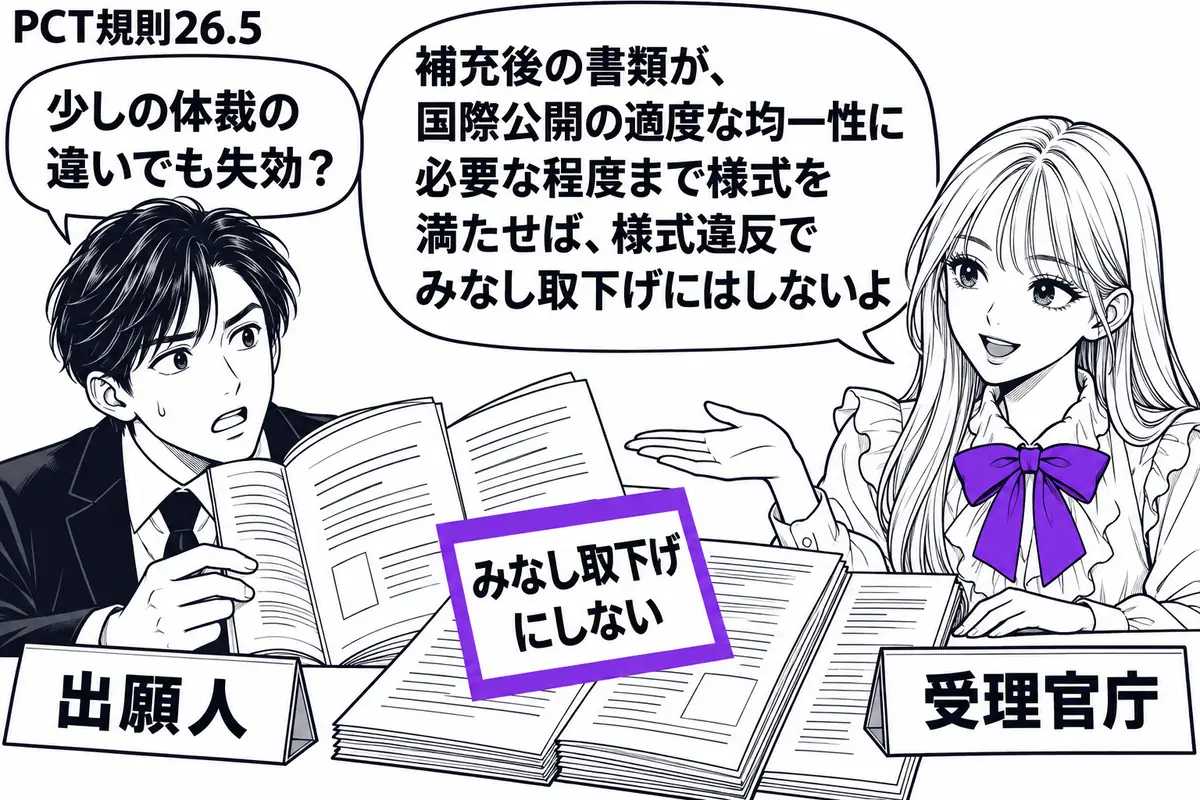 先生が右の審査机にいる受理官庁役(札「受理官庁」)。左の出願人(札「出願人」)が補充した国際出願書類を広げる。机には体裁を整えた公開用の原稿を並べ、書類に添えた「みなし取下げにしない」の付箋をヴァイオレットの枠で囲む。先生の吹き出し「補充後