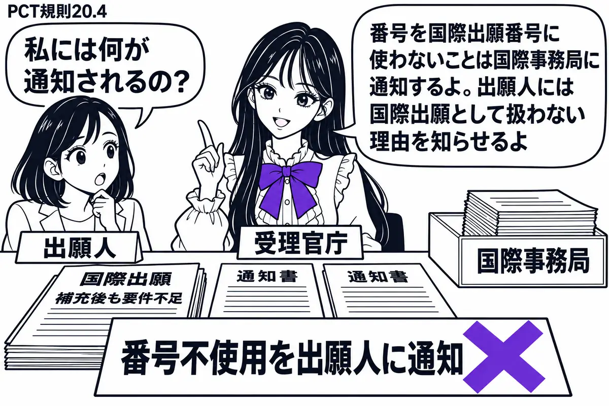 先生が中央の発送机にいる受理官庁役（札「受理官庁」）。左に出願人（札「出願人」）、右に書類箱（札「国際事務局」）。机に補充後も要件不足の国際出願書類と二通の通知書を置き、「番号不使用を出願人に通知」の付箋にヴァイオレットの×印。先生の吹き出