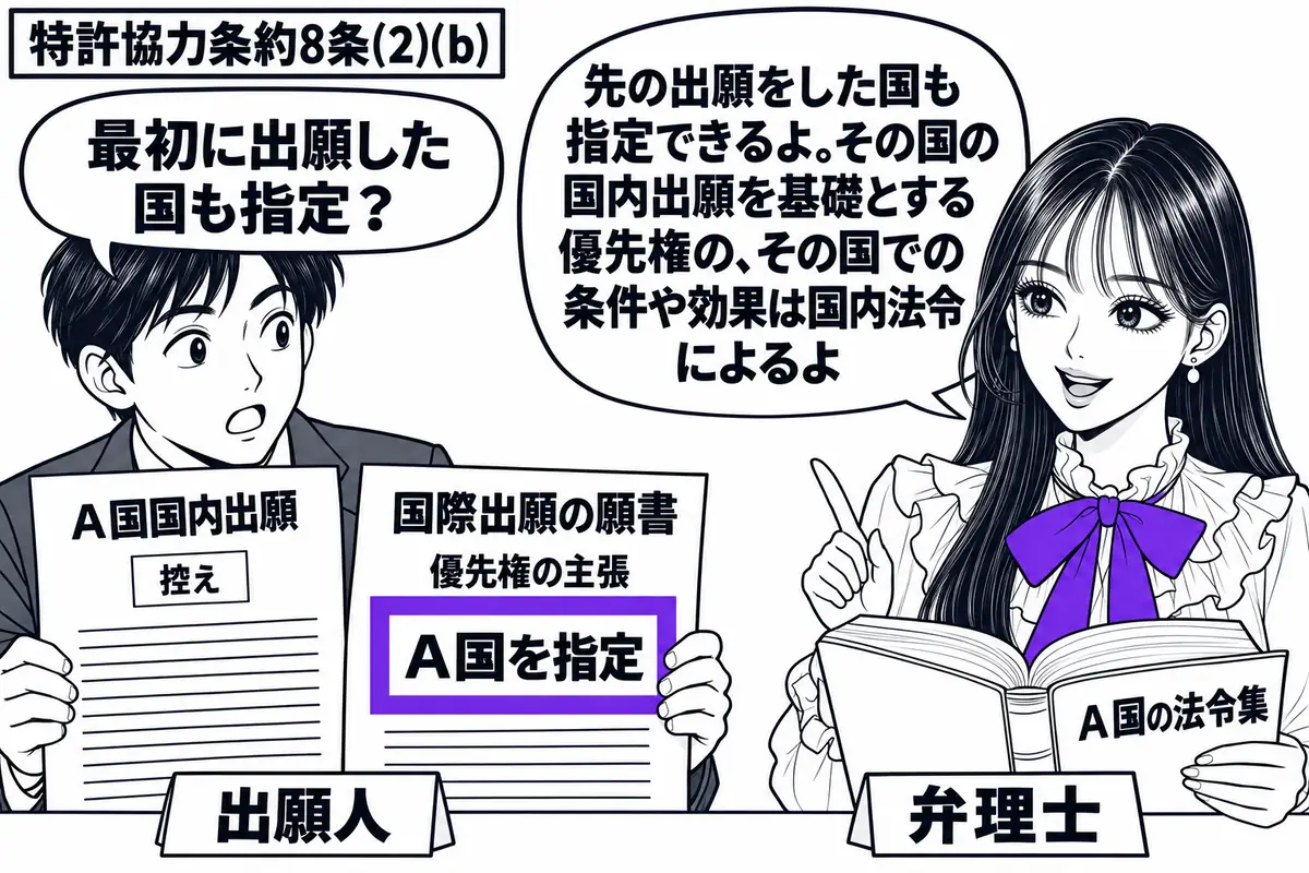 先生が右の相談机にいる弁理士役(札「弁理士」)。左の出願人(札「出願人」)が「A国国内出願」の控えと優先権を主張する国際出願の願書を並べる。願書の「A国を指定」をヴァイオレットの枠で囲み、先生はA国の法令集も開いて見せる。先生の吹き出し「先