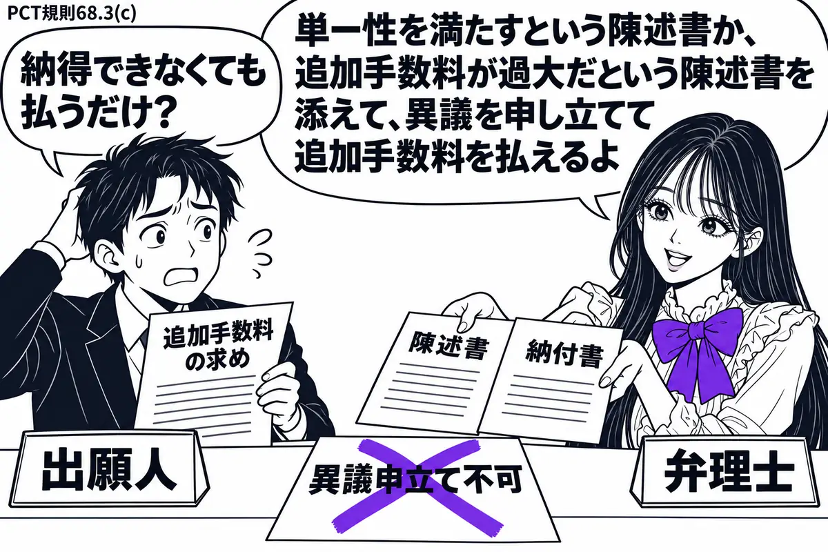 先生が右の相談机にいる弁理士役(札「弁理士」)。左の出願人(札「出願人」)が単一性についての追加手数料の求めを持つ。机には陳述書と納付書を並べ、「異議申立て不可」の付箋にヴァイオレットの×印。先生は二枚の書類を一緒に差し出す。先生の吹き出し