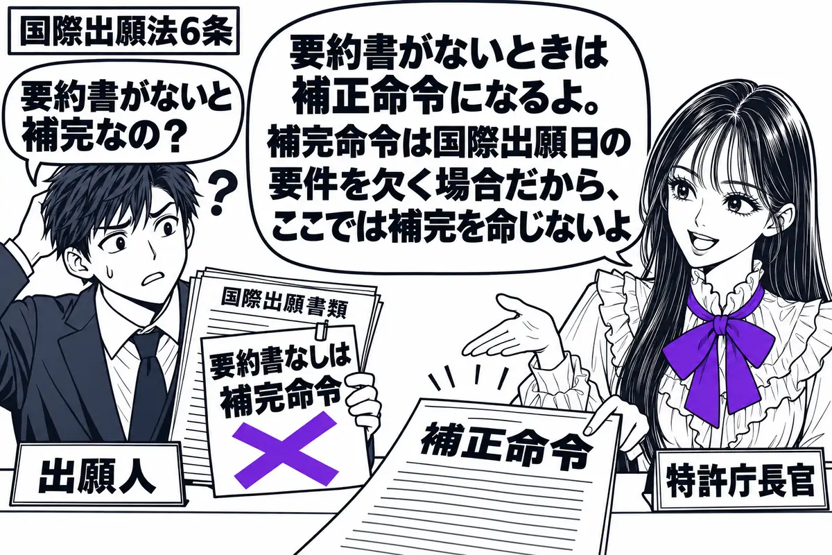 先生が右の窓口で特許庁長官役（札「特許庁長官」）。左に要約書の抜けた国際出願書類を持つ男性（札「出願人」）。机には「補正命令」の書面があり、書類に貼った「要約書なしは補完命令」の付箋に大きなヴァイオレットの×印。先生の吹き出し「要約書がない