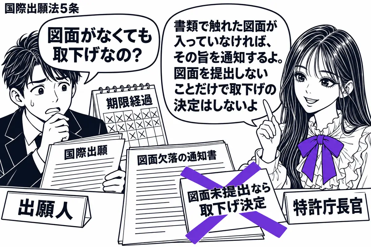 先生が右の窓口で特許庁長官役（札「特許庁長官」）。左の男性（札「出願人」）が図面のない国際出願書類と期限の過ぎた暦を見つめる。机に図面欠落の通知書を置き、「図面未提出なら取下げ決定」の付箋に大きなヴァイオレットの×印。先生の吹き出し「書類で