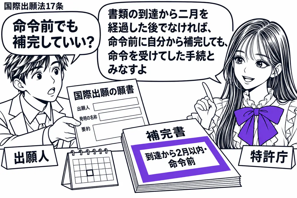 先生が右の受付に座る特許庁役（札「特許庁」）。左の男性（札「出願人」）が、条約に従う旨の申立ての抜けた国際出願の願書と補完書を差し出す。机の暦の横に置いた補完書の「到達から2月以内・命令前」の付箋をヴァイオレットの枠で囲む。先生の吹き出し「