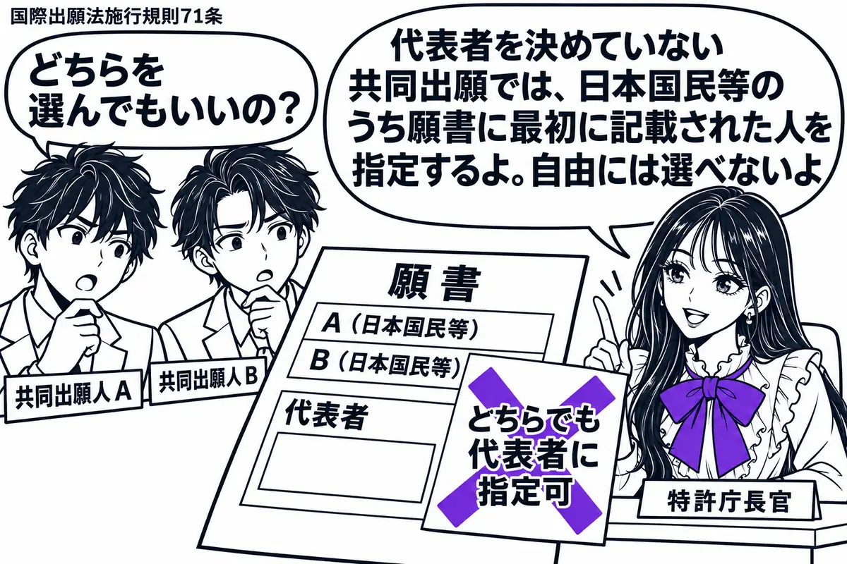 先生が右の机で特許庁長官役（札「特許庁長官」）。左に男性二人（札「共同出願人Ａ」「共同出願人Ｂ」）。願書には日本国民等に当たるＡ、Ｂがこの順で並び、代表者欄は空白。「どちらでも代表者に指定可」の付箋にヴァイオレットの×印。先生の吹き出し「代