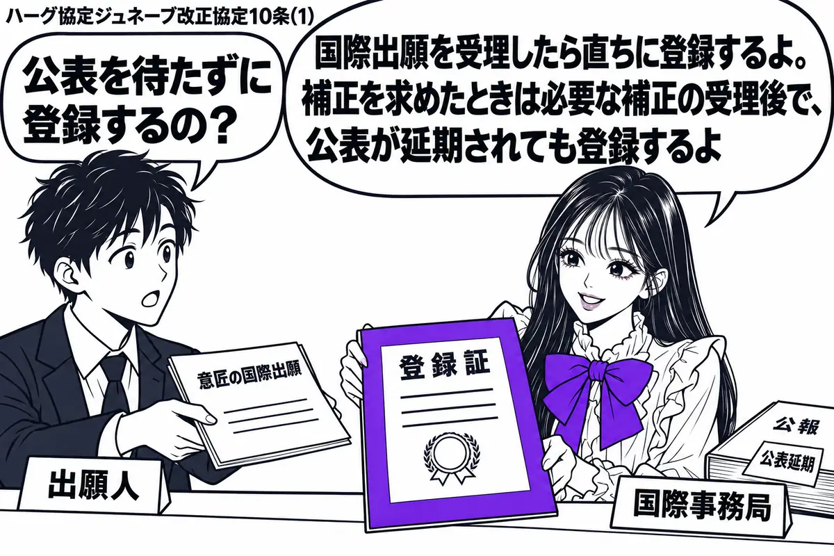 先生が右の窓口で国際事務局役（札「国際事務局」）。左に意匠の国際出願書類を差し出す男性（札「出願人」）。机の奥には「公表延期」の付箋を付けた閉じた公報。手前の登録証をヴァイオレットの枠で囲み、先生が男性に示している。先生の吹き出し「国際出願