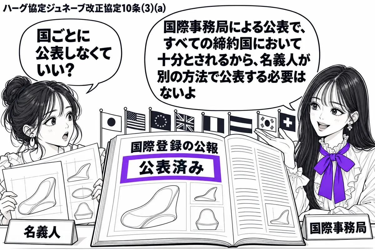 先生が右の公表窓口に立つ国際事務局役（札「国際事務局」）。左に意匠図面を抱える女性（札「名義人」）。中央に意匠の図が載った国際登録の公報を広げ、その「公表済み」の欄をヴァイオレットの枠で囲む。机の奥には締約国を表す小さな旗を文字なしで並べる
