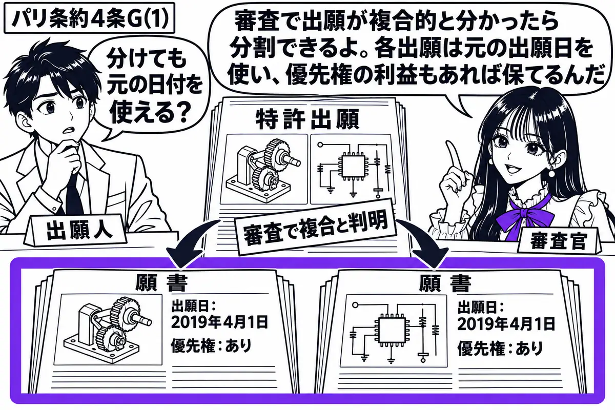 先生が右の審査机に座る審査官役(札「審査官」)。左に男性(札「出願人」)。中央の特許出願書類には二つの発明の図と「審査で複合と判明」の付箋。手前の分割された二組の願書には同じ日付と優先権の欄があり、その二組を一つのヴァイオレットの枠で囲む。