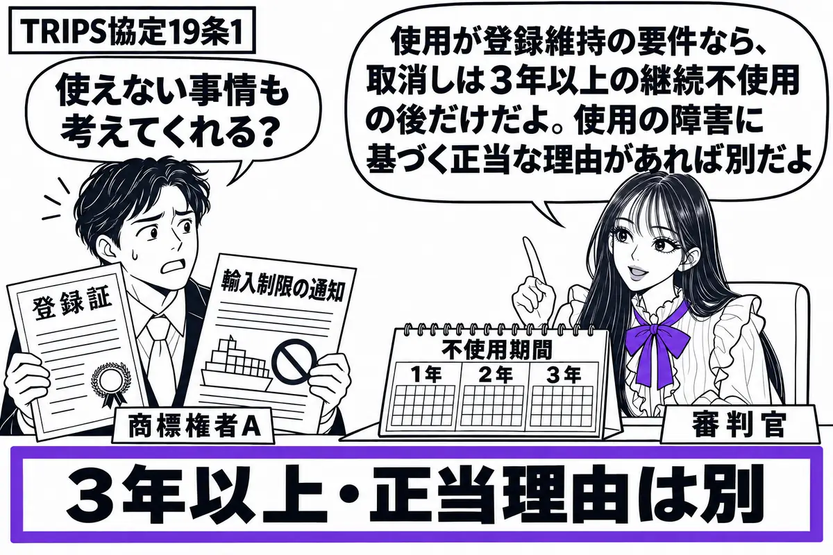 先生が右の審理机に座る審判官役(札「審判官」)。左の商標権者(札「商標権者A」)が登録証と輸入制限の通知を持つ。机に不使用期間を示す暦を開き、「3年以上・正当理由は別」の札をヴァイオレットの枠で囲む。先生の吹き出し「使用が登録維持の要件なら