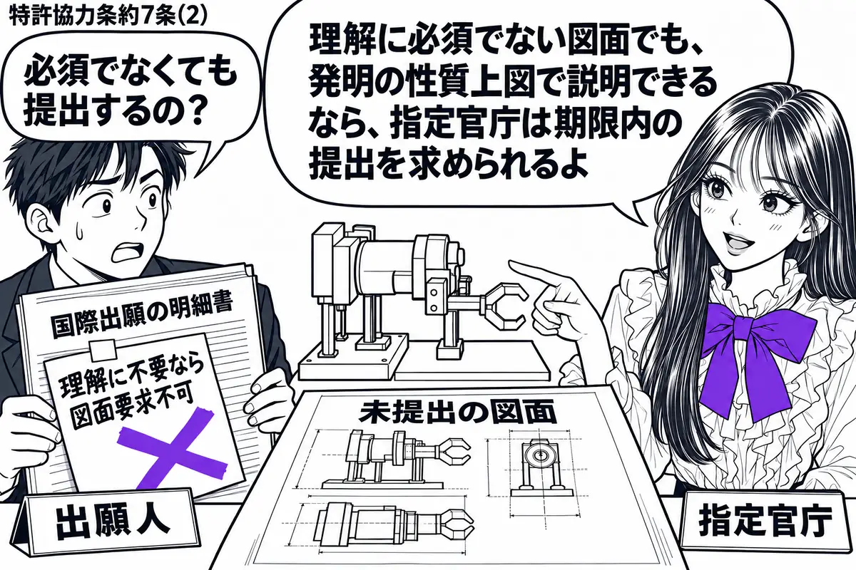 先生が右の窓口で指定官庁役(札「指定官庁」)。左に国際出願の明細書を持つ男性(札「出願人」)、中央に装置の模型と未提出の図面用紙。明細書の付箋「理解に不要なら図面要求不可」に大きなヴァイオレットの×印。先生は模型を指して説明する。先生の吹き