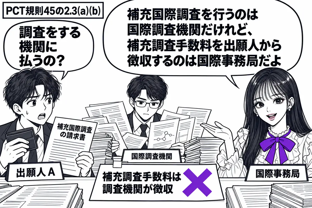 先生が手数料の受付役（札「国際事務局」）で右側。左の出願人（札「出願人Ａ」）が補充国際調査の請求書と財布を持つ。奥に担当者（札「国際調査機関」）が調査資料を広げている。机の「補充調査手数料は調査機関が徴収」という付箋にヴァイオレットの×印。