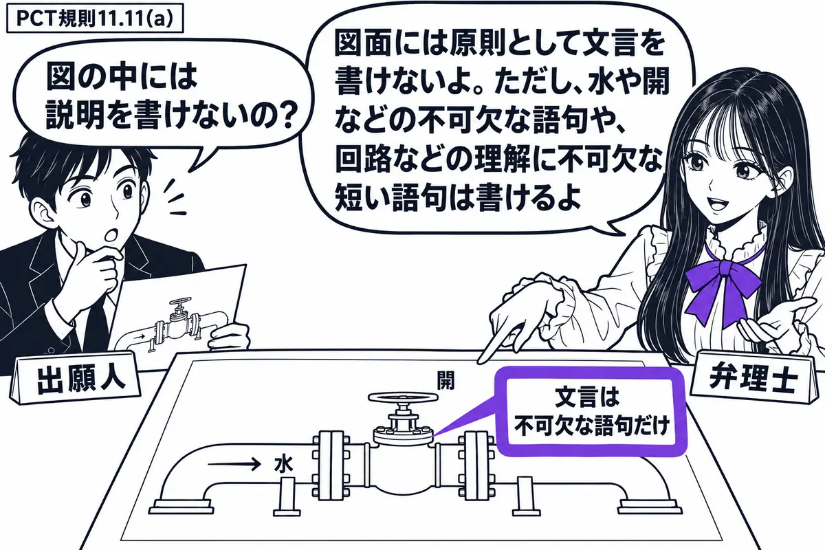 先生が右の机で弁理士役（札「弁理士」）。左に国際出願用の図面を持つ男性（札「出願人」）。中央に配管と弁を描いた図面を広げ、不可欠な表示「水」「開」だけを添える。図面の付箋「文言は不可欠な語句だけ」をヴァイオレットの枠で囲む。先生の吹き出し「